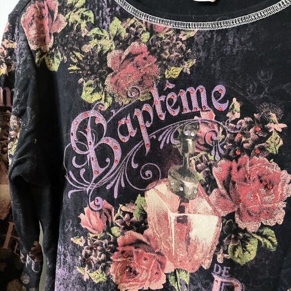 Y2K Jess & Jane Shirt Perfume Bottle Rhinestone Bejeweled AOP ¾ Sleeve T-shirt - Picture 3 of 5